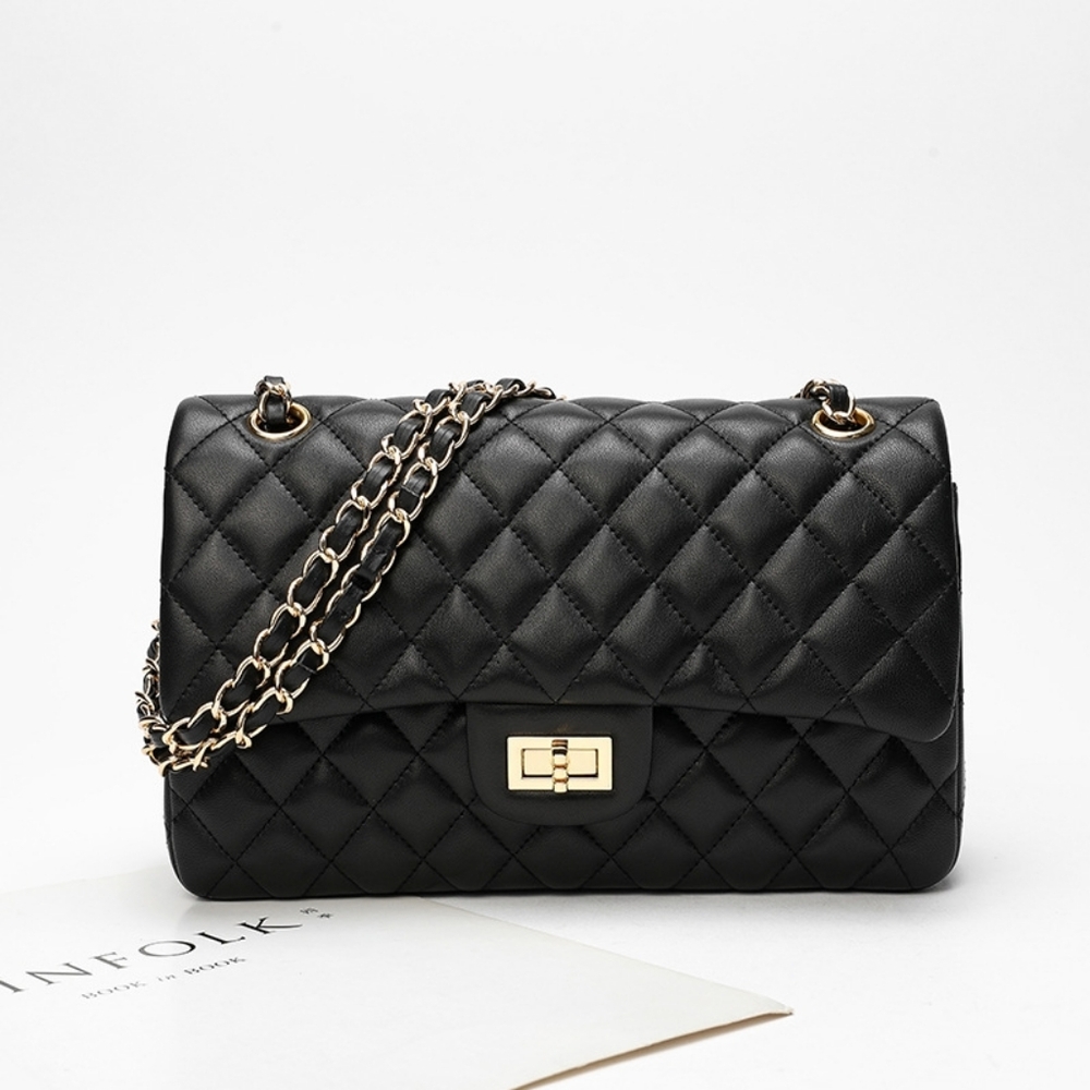 Black Quilted Leather Double Flap Bag